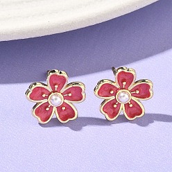 (123L) Белый крем непрозрачный блеск Серьги-гвоздики с цветочным рисунком из латуни и АБС-пластика с жемчугом, с эмалью, без кадмия и без свинца, долговечный, стойки покрытие, реальный 18 k позолоченный, огнеупорный кирпич, 12.5x13 мм