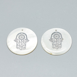 Platine Pendentifs de coquillages d'eau douce, recouvert de fer, plat rond avec hamsa main / main de fatima / main de miriam, platine, 30~31x2~3mm, Trou: 1.8mm