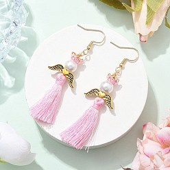 Pink Ангел 304 серьги-подвески из нержавеющей стали, с бисером, полиэстеровой кисточкой и стеклянными жемчужными круглыми бусинами, античное золото , розовые, 70~74x22 мм