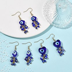 Doré  Boucles d'oreilles pendantes œil maléfique en verre filé à la main, formes mixtes, or, 55x10~16mm