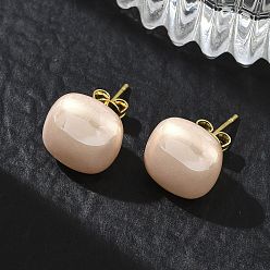 Melocotón de Soplo Pendientes de botón de imitación de perlas de latón y plástico ABS para mujer, plaza, larga duración plateado, chapado en rack, sin plomo y el cadmio, dorado, peachpuff, 12x12 mm
