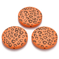 Темно-Оранжевый Расписные бусы из натурального дерева, лазерная гравировка, плоские круглые с леопардовым принтом, темно-оранжевый, 30x5 мм, отверстие : 1.6 мм