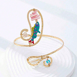 Cadet Blue Bohemian Ocean Alloy & Resin & Plastic Pearl Fish Spiral Cuff Arm Bangles for Women, Golden, Cadet Blue, Inner Diameter: 3.31 inch(8.4cm)