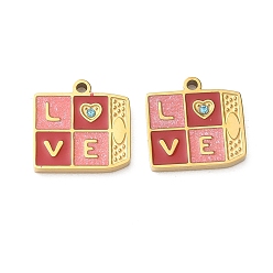 Real 18K Gold Plated Valentine's Day 304 Stainless Steel Enamel Pendants, Square with Word Love, with Rhinestone, Real 18K Gold Plated, 13x13x2mm, Hole: 1.2mm