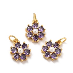 Medium Purple Rack Plating Brass Micro Pave Cubic Zirconia Charms, with Pearl, Cadmium Free & Lead Free, Real 18K Gold Plated, Flower, Medium Purple, 12.5x10.5x4mm, Hole: 3.6mm