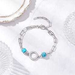 Ring 304 многослойные браслеты из нержавеющей стали, 304 Браслеты из нержавеющей стали со стразами для женщин, с синтетической бирюзой, кольцо, 8 дюйм (20.2 см)