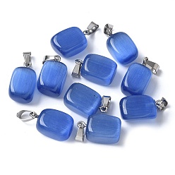 Королевский синий Подвески кошачий глаз, с 201 фурнитурой из нержавеющей стали, прямоугольные, цвет нержавеющей стали, королевский синий, 20x12x9 мм, отверстие : 7x4 мм