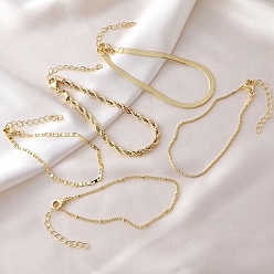 Золотой 5 шт. 5 стили латунные браслеты-цепочки набор для женщин, золотые, 7-1/8 дюйм (18.1 см) ~ 7-3/4 дюйм (19.7 см), 1 шт / стиль