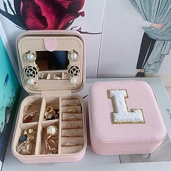 Letter L Letter Imitation Leather Jewelry Organizer Case with Mirror Inside, for Necklaces, Rings, Earrings and Pendants, Square, Pink, Letter L, 10x10x5.5cm
