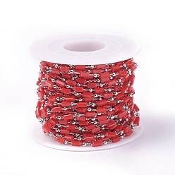 Красный Ручной цепи стекло бисером, пайки, с латунной фурнитурой , с катушкой, долговечный, Реальная платина, кубоид, красные, 4.5x2.5~3x2.5~3 мм, 2 мм, около 32.8 футов (10 м) / рулон