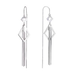Platinum Anti-Tarnish Rhodium Plated 925 Sterling Silver Rhombus with Chain Tassel Dangle Earrings, Long Drop Ear Thread for Women, Platinum, 78x15.3mm, Pin: 0.8mm