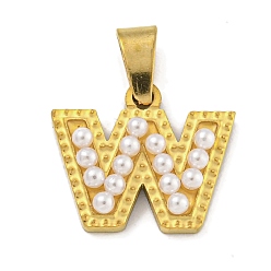 Letter W Ионное покрытие (ip) 304 подвески из нержавеющей стали, с ABS имитации жемчуга, Буква W, 12.5x15x3 мм, отверстие : 6x3 мм