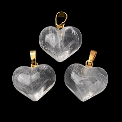 Хрусталь Природного кварца хрустальных подвесок, Подвески в форме сердца из горного хрусталя с латунными застежками-карабинами, золотые, 17x17.5x11 мм, отверстие : 6.5x4 мм