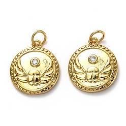 Настоящее золото 18K Латунные микропаве прозрачные подвески с фианитом, долговечный, с прыжковых колец, плоско-круглые, реальный 18 k позолоченный, 17x15x2 мм