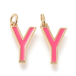 Letter Y Латунь эмаль подвески, с целью перехода в кольце, долговечный, реальный 18 k позолоченный, letter.y, ярко-розовый, letter.y, Y: 18x10.5x1.8 мм, прыжковые кольца: внутренний диаметр: 3 мм