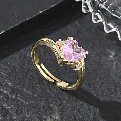 Золотой Регулируемые латунные кольца на палец с розовым сердечком из кубического циркония — подарок на День святого Валентина., долговечный, золотые, Сердце: 9x10 mm, внутренний диаметр: 17 мм