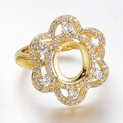 Golden Adjustable Brass Micro Pave Clear Cubic Zirconia Finger Ring Components, 4 Claw Prong Ring Settings, Long-Lasting Plated, Flower, Clear, Golden, US Size 7, Inner Diameter: 17.3mm, Tray: 10x8mm