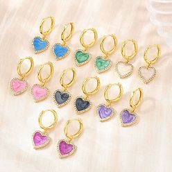 Couleur Mélangete Boucles d'oreilles créoles pendantes en laiton serties de micro-pavés de zirconiums cubiques, cœur, avec l'émail, sans plomb et sans cadmium, crémaillère plaquage, plaqué longue durée, réel 18 k plaqué or, couleur mixte, 28x12mm
