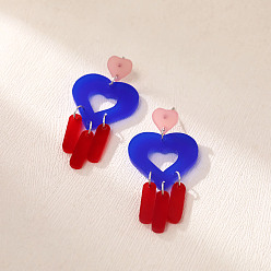 Синий Серьги-гвоздики с подвесками в форме сердца, платина, синие, 53x25 мм