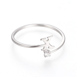 Letter X Запонки из стерлингового серебра 925 с родиевым покрытием, открытые кольца, с кубического циркония, платина, прозрачные, letter.x, буква x: около 5x4.7x0.8 мм, Размер 7, 17 мм