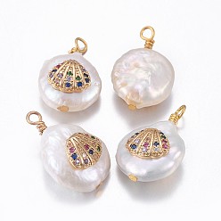 Colorful Natural Cultured Freshwater Pearl Pendants, with Brass Micro Pave Cubic Zirconia Findings, Nuggets with Shell, Golden, Colorful, 17~26x11~16x5~11mm, Hole: 1.6~2mm