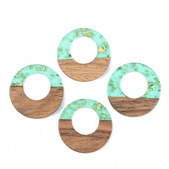 Medium Aquamarine Transparent Resin & Walnut Wood Pendants, with Gold Foil, Flat Round, Medium Aquamarine, 28x3mm, Hole: 2mm