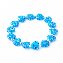 Темно-Голубой Браслеты из стекла ручной работы миллефиори в технике лэмпворк, с бисером железа Spacer, сердце, глубокое синее небо, внутренний диаметр: 2-3/8 дюйм (6 см)