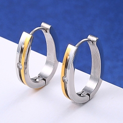 Silver Elegant Two Tone 304 Stainless Steel Hoop Earrings, Oval, with Clear Cubic Zirconia, Silver
