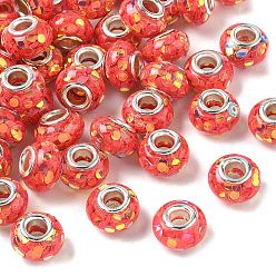 Коралловый Прозрачные европейские бусины-рондель из смолы, с дисковыми пайетками и латунными сердечниками платинового тона, бусины с большим отверстием, коралл, 14x8.5 мм, отверстие : 5 мм