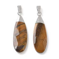 Tiger Eye Natural Tiger Eye Pendants, Faceted Teardrop Charms, with Brass Finding, 31.5~32.5x9.5~10x3.5~4mm, Hole: 5.5x3mm