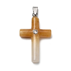 Желтый авантюрин Подвески-крестики из натурального желтого авантюрина, с латунными микро проложить кубических выводы циркония, платина, стойки покрытие, 44.5~45x27.5~28.5x7~8.5 мм, отверстие : 4x6.5 мм