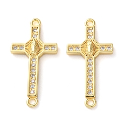 Прозрачный Стойка покрытие латунь кубический цирконий религия крест соединительный шарм, долговечный, без свинца и без кадмия, реальный 18 k позолоченный, прозрачные, 32.5x16x3.5 мм, отверстие : 1.6 мм