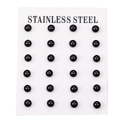 Black 304 Stainless Steel Spray Painted Stud Earrings, Round, Black, 17x6mm, Pin: 0.8mm, 12pairs/card