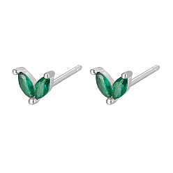 Vert Foncé Argent 925 boucles d'oreilles en argent sterling avec micro pavé de zircone cubique, feuille, vert foncé, 5.5mm