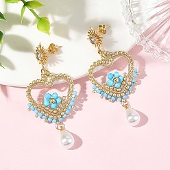 Magnesite Natural Magnesite & Glass Seed Dangle Earrings for Women, Heart, Brass Micro Clear Cubic Zirconia Sun Stud Earrings, 57x26mm