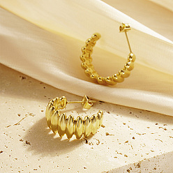Real 18K Gold Plated 304 Stainless Steel Oval Beaded Ring Stud Earrings, Half Hoop Earrings, Real 18K Gold Plated, 21mm