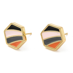 Real 18K Gold Plated Rack Plating Brass Hexagon Stud Earrings with Enamel, Lead Free & Cadmium Free, Real 18K Gold Plated, 13.5x12mm
