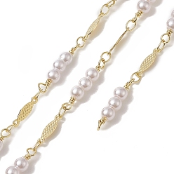 Golden Rack Plating Brass Oval Link Chains, with Plastic Pearl Beaded, Unwelded, with Card Paper, Golden, 18.5~19.5x4mm