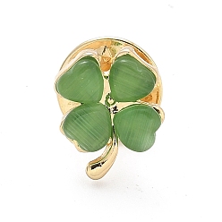 (404) Непрозрачное AB Кислое яблоко Булавки для лацканов из сплава для одежды рюкзака, клевер, с кабошоном кошачий глаз, цветочный белый, 14x12 мм