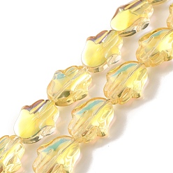 Yellow Transparent Electroplate Glass Beads Strands, Half Rainbow Plated, Hamsa Hand, Yellow, 17.8x13.5x7.5mm, Hole: 1.3mm, about 40pcs/strand, 27.95 inch(71cm)