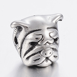 Antik Silber Farbe 304 Welpenperlen aus Edelstahl, Bulldoggenkopf, Antik Silber Farbe, 11x12.5x10 mm, Bohrung: 2 mm