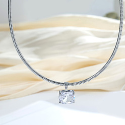 Stainless Steel Color 304 Stainless Steel Pave Clear Cubic Zirconia Rectangle Pendant Round Snake Chain Necklaces for Women, Stainless Steel Color, 15.75 inch(40cm)