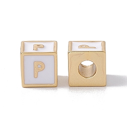 Letter P Стойки покрытие латунь эмаль бисер, без кадмия, без никеля и без свинца, реальный 18 k позолоченный, куб с письмом, серый, letter.p, 6x6x6 мм, отверстие : 2.5 мм