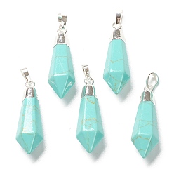 Бирюза Природные бирюзовый подвески, со серебряной и латунной фурнитурой, граненые, пуля, 40x12x11 мм, отверстие : 7x5 мм