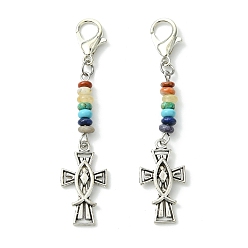 Античное Серебро Крест-распятие с подвеской из эмали из сплава рыбы-Иисуса, украшения, Бусины из натурального и синтетического камня чакры и подвески-застежки-лобстеры, античное серебро, 66 мм
