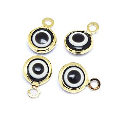 Настоящее золото 18K Подвески ручной работы сглаз, с латунной фурнитурой , плоско-круглые, чёрные, реальный 18 k позолоченный, 10x6.5x3 мм, отверстие : 1.5 мм