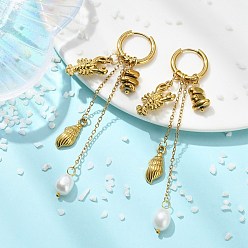 Garnele 304 Edelstahl Ohrringe, mit natürlichen Süßwasserzuchtperlen, galvanisierte, nichtmagnetische synthetische Hämatitperlen und 202 Huggie-Creolen aus Edelstahl, golden, Garnele, 86x17 mm