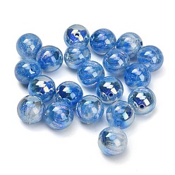 Steel Blue UV Plating Opaque Resin & Glitter Powder Beads, Iridescent, Round, Steel Blue, 16mm, Hole: 2mm