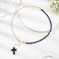 Golden Natural Lava Rock & Evil Eye Lampwork 304 Stainless Steel Cable Chain Lariat Necklaces for Women, with Dyed Synthetic Turquoise Black Religion Cross Pendants, Golden, 16.97 inch(43.1cm)