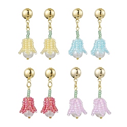 Mixed Color Handmade Glass Seed Beads Flower Stud Earrings, with Plastic Pearl, Golden, Mixed Color, 39x14mm